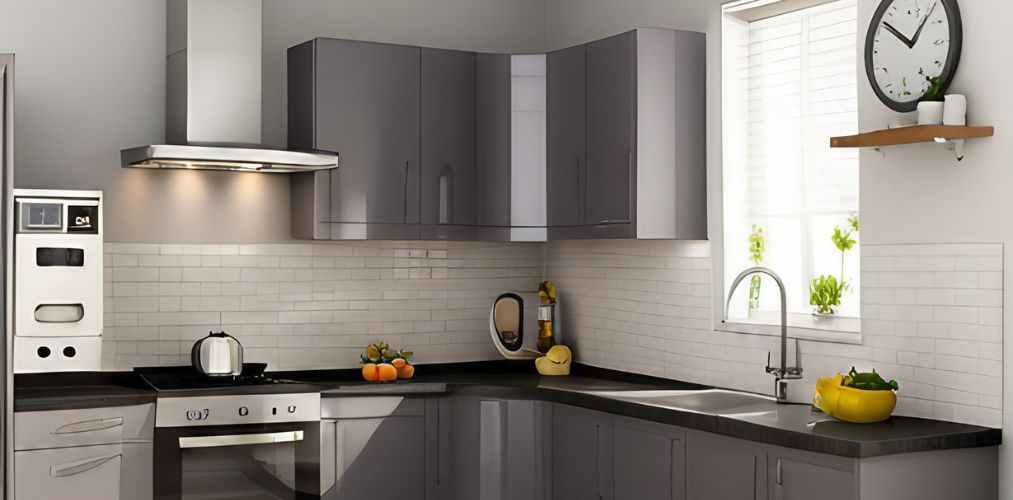 Small L-shaped kitchen design with grey modular cabinets-Beautiful Homes