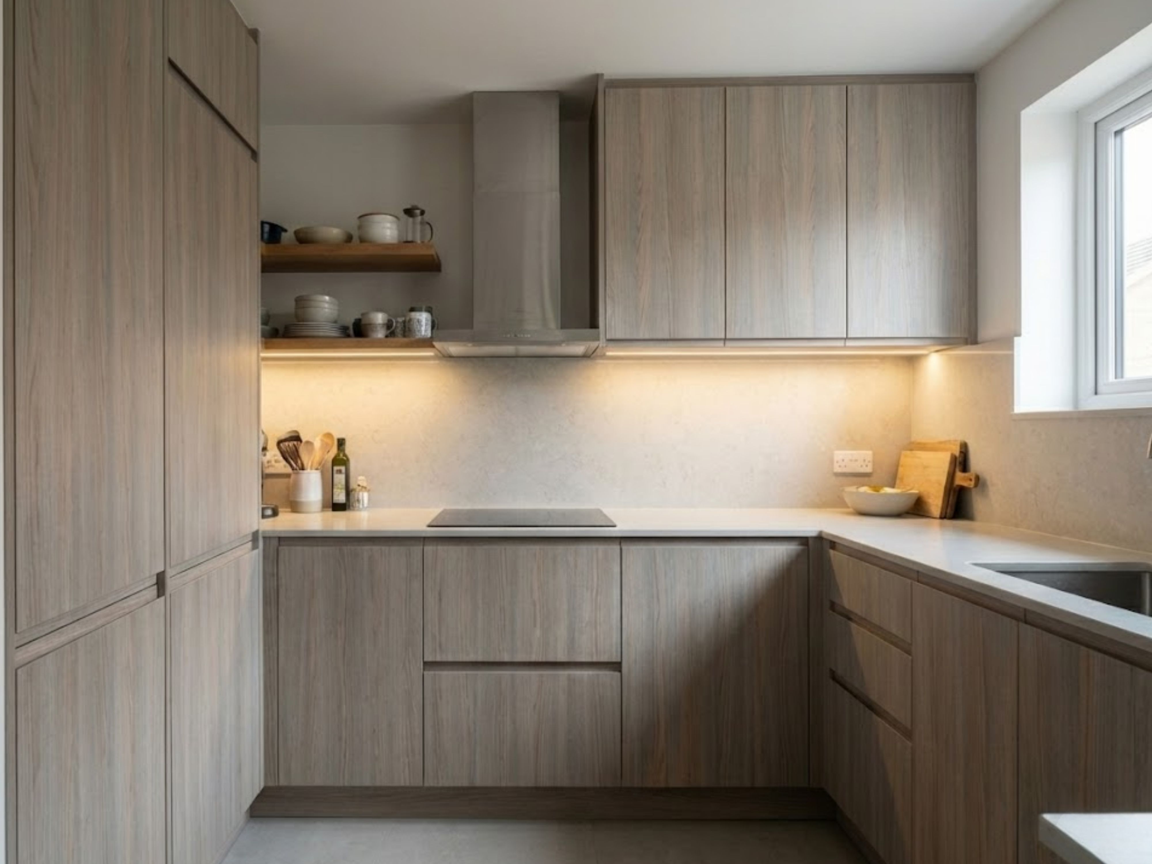 Modern L-shaped kitchen with wooden cabinets - Beautiful Homes