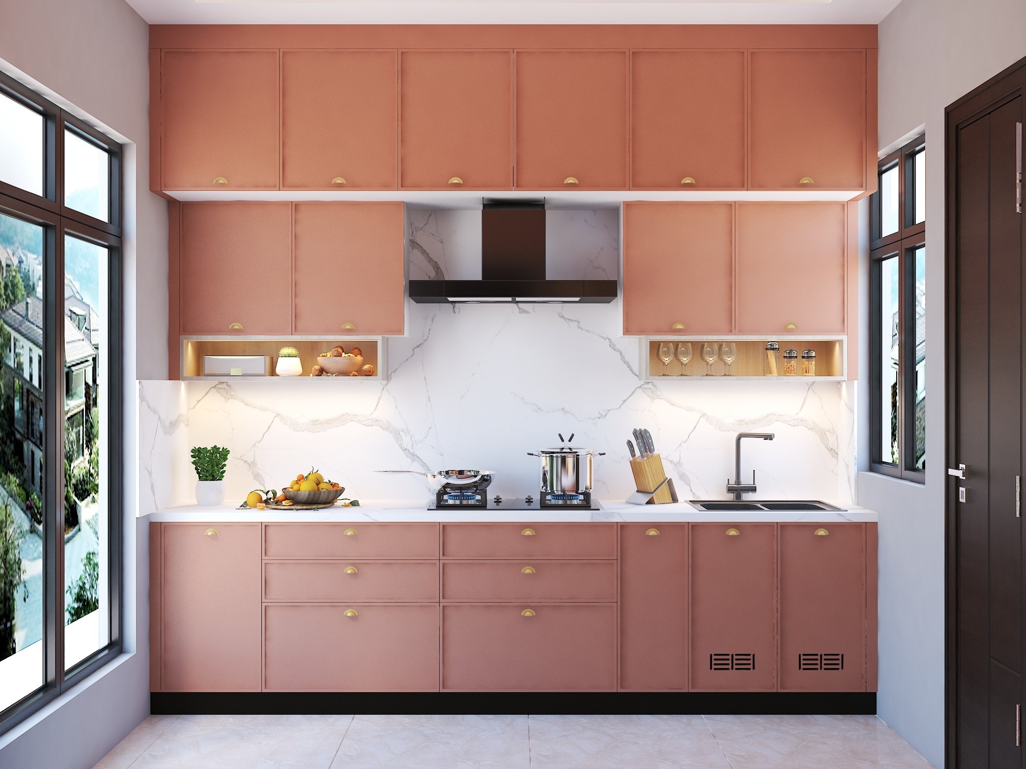 Pastel kitchen with marble countertop and wall shelves - Beautiful Homes