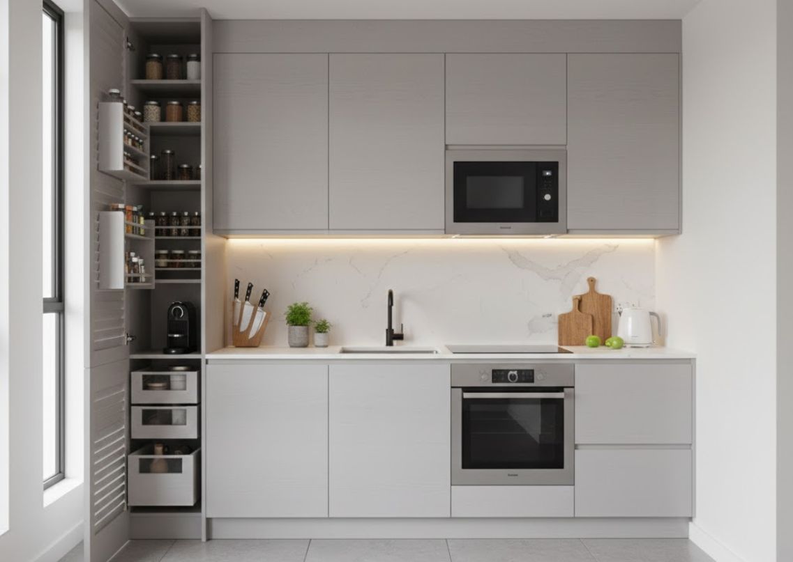 Small modular kitchen with grey cabinets and marble top - Beautiful Homes