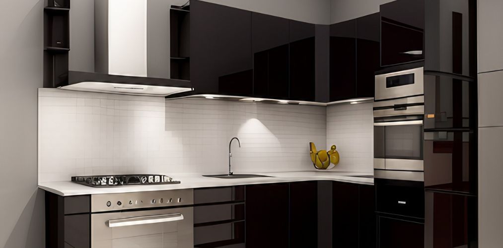 Black modular kitchen with white countertop-Beautiful Homes