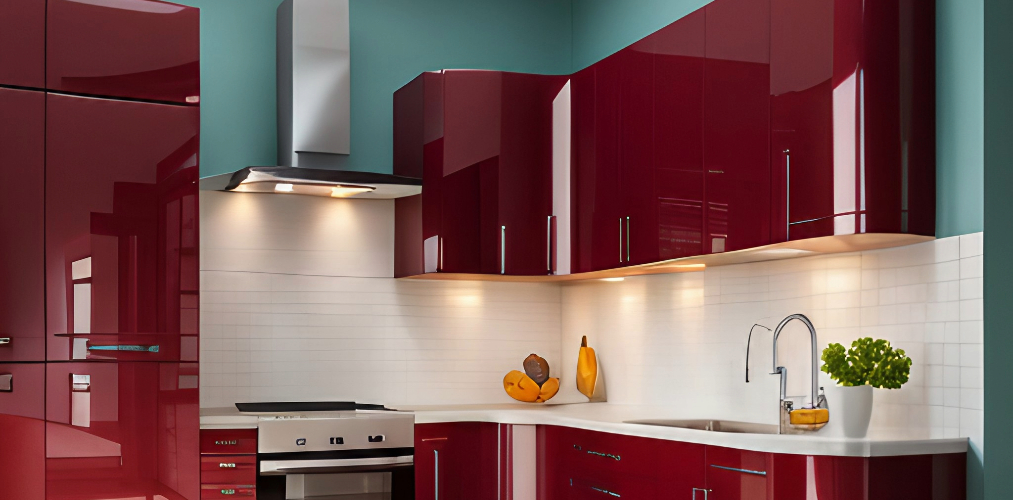 Small modular kitchen design with red corner kitchen cabinets-Beautiful Homes