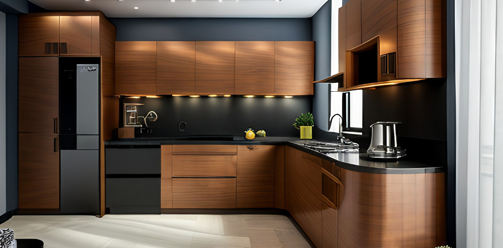 Small kitchen design with wood modular kitchen cabinets-Beautiful Homes