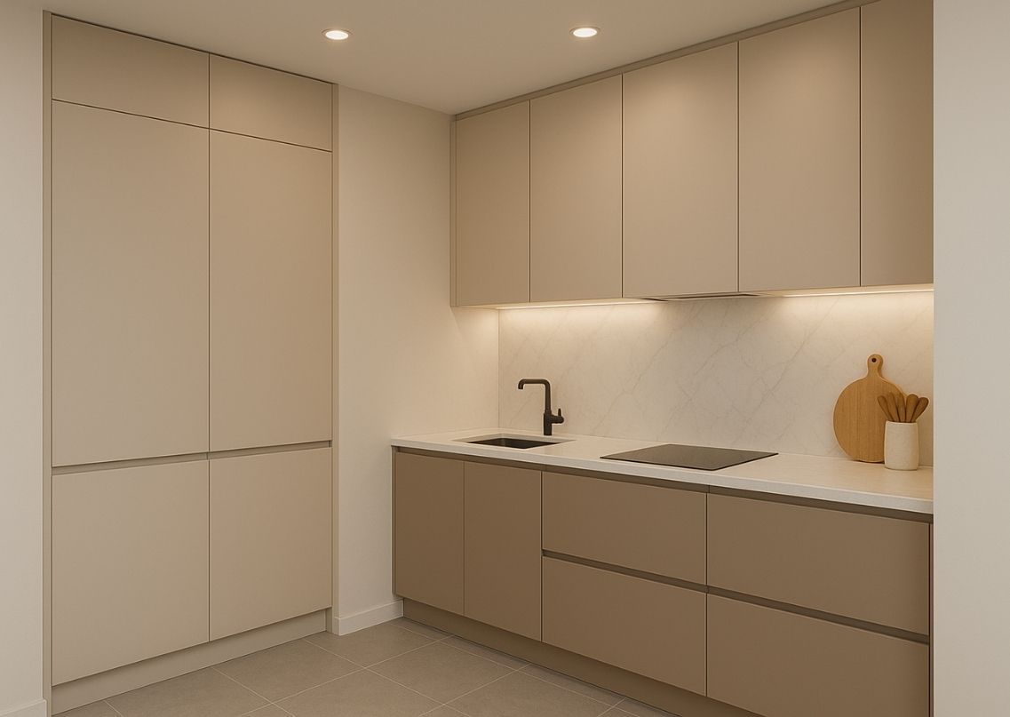 Beige kitchen with marble backsplash and lighting - Beautiful Homes