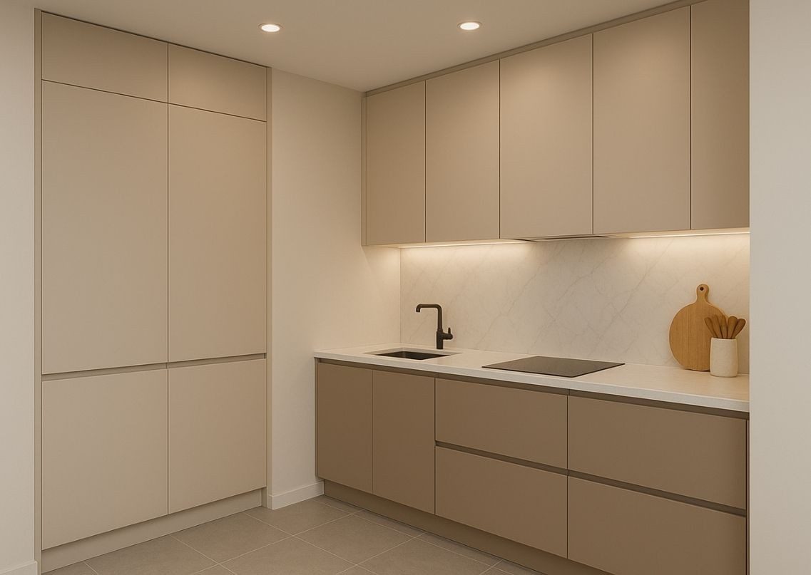 Beige kitchen with marble backsplash and lighting - Beautiful Homes