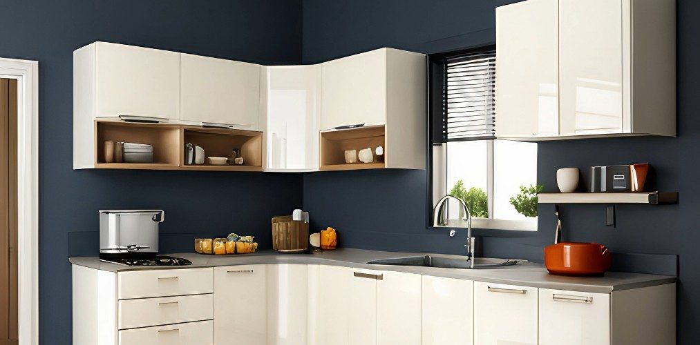 Modular l shaped white kitchen design with open shelves and grey countertop-Beautiful Homes