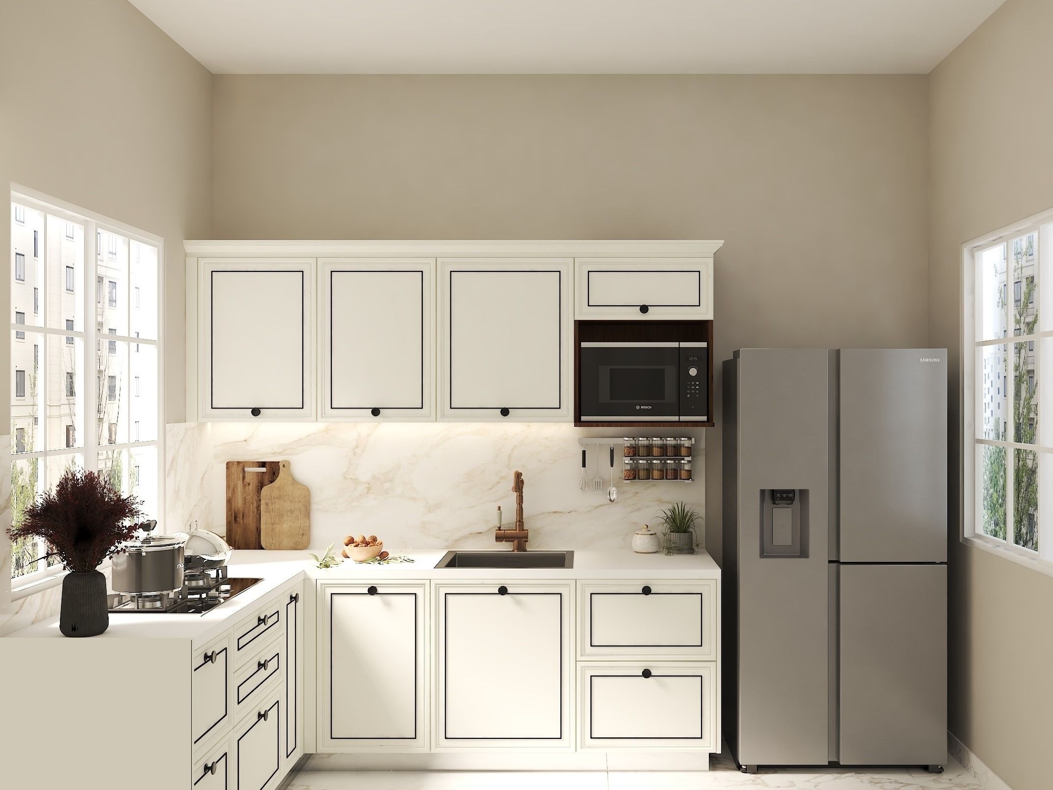Contemporary kitchen featuring marble countertops, and cream cabinets - Beautiful Homes
