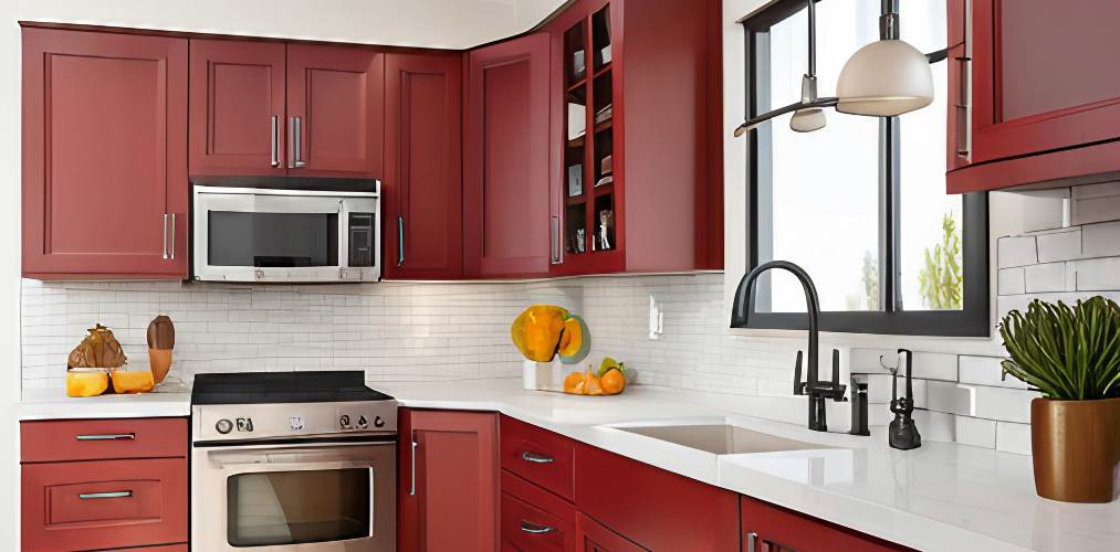 Small kitchen design with red colored cabinets-Beautiful Homes
