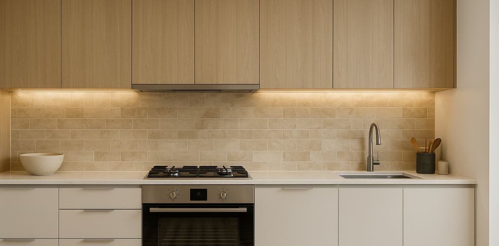 Neutral kitchen with wooden cabinets and lighting - Beautiful Homes