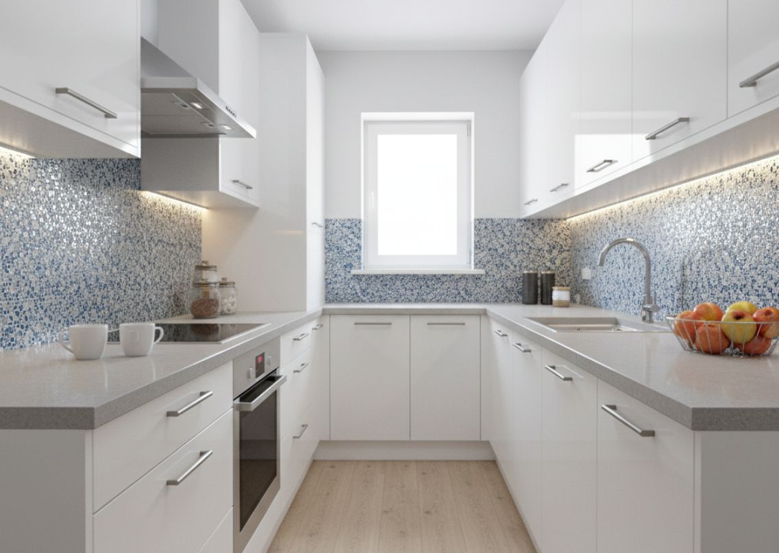 Compact kitchen with white cabinets and mosaic wall - Beautiful Homes