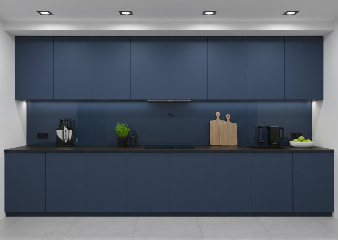 Modern blue kitchen with sleek cabinets and lighting - Beautiful Homes