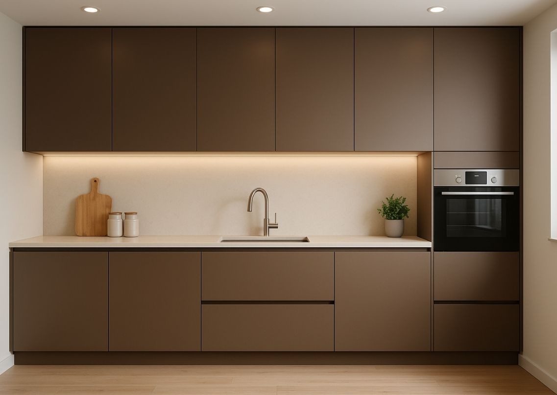 Beige kitchen with geometric backsplash tiles - Beautiful Homes