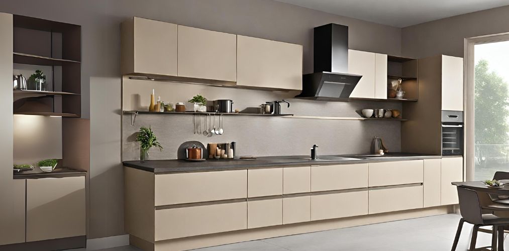 Straight kitchen with beige modern cabinets - Beautiful Homes