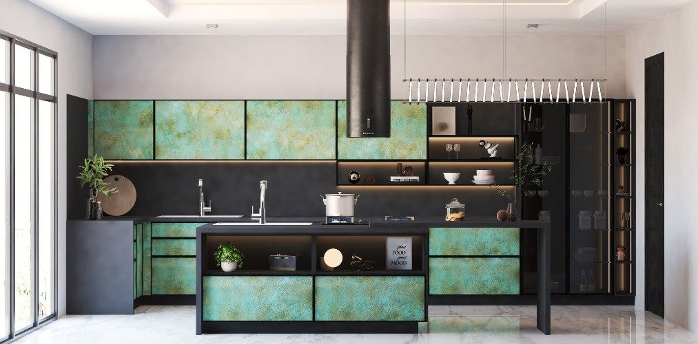 Straight kitchen with black island countertop and colorful cabinets-Beautiful Homes