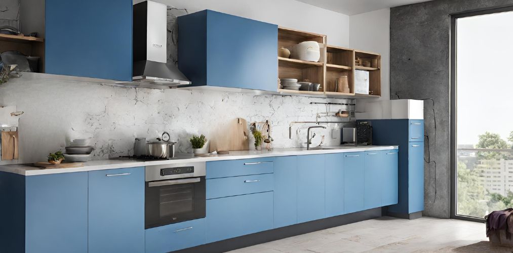 Straight kitchen with blue modular cabinets - Beautiful Homes