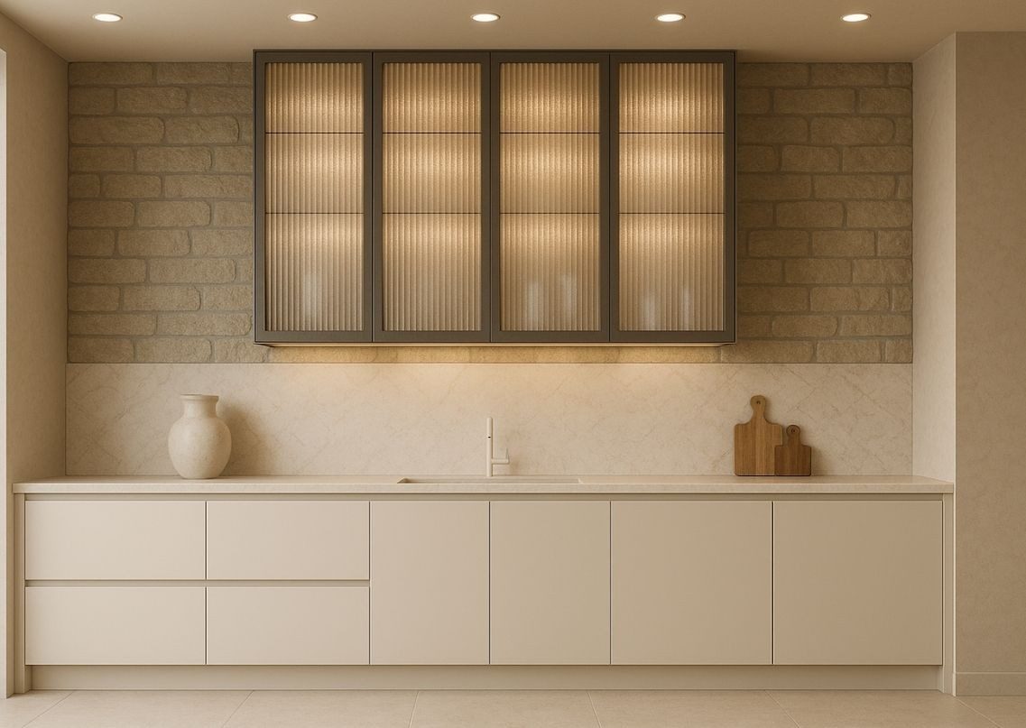 Modern beige kitchen with glass cabinets and lighting - Beautiful Homes