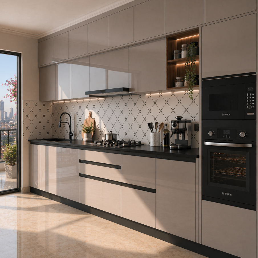 Modern straight kitchen with glossy taupe cabinets, a black countertop, and a geometric patterned tile backsplash - Beautiful Homes