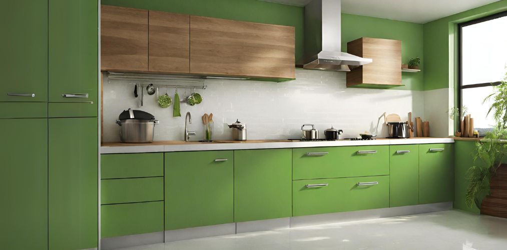 Straight kitchen with green and wood modular cabinets - Beautiful Homes