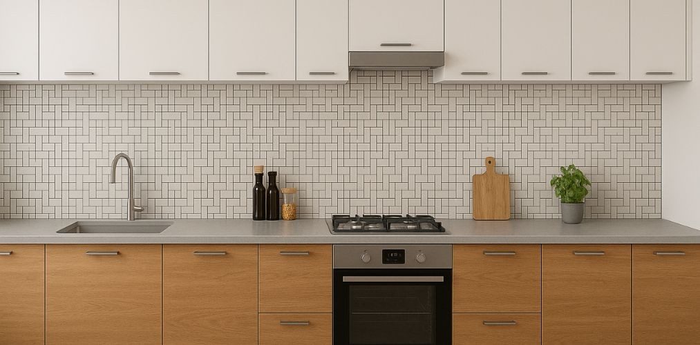 Modern kitchen with wood cabinets and geometric tiles - Beautiful Homes