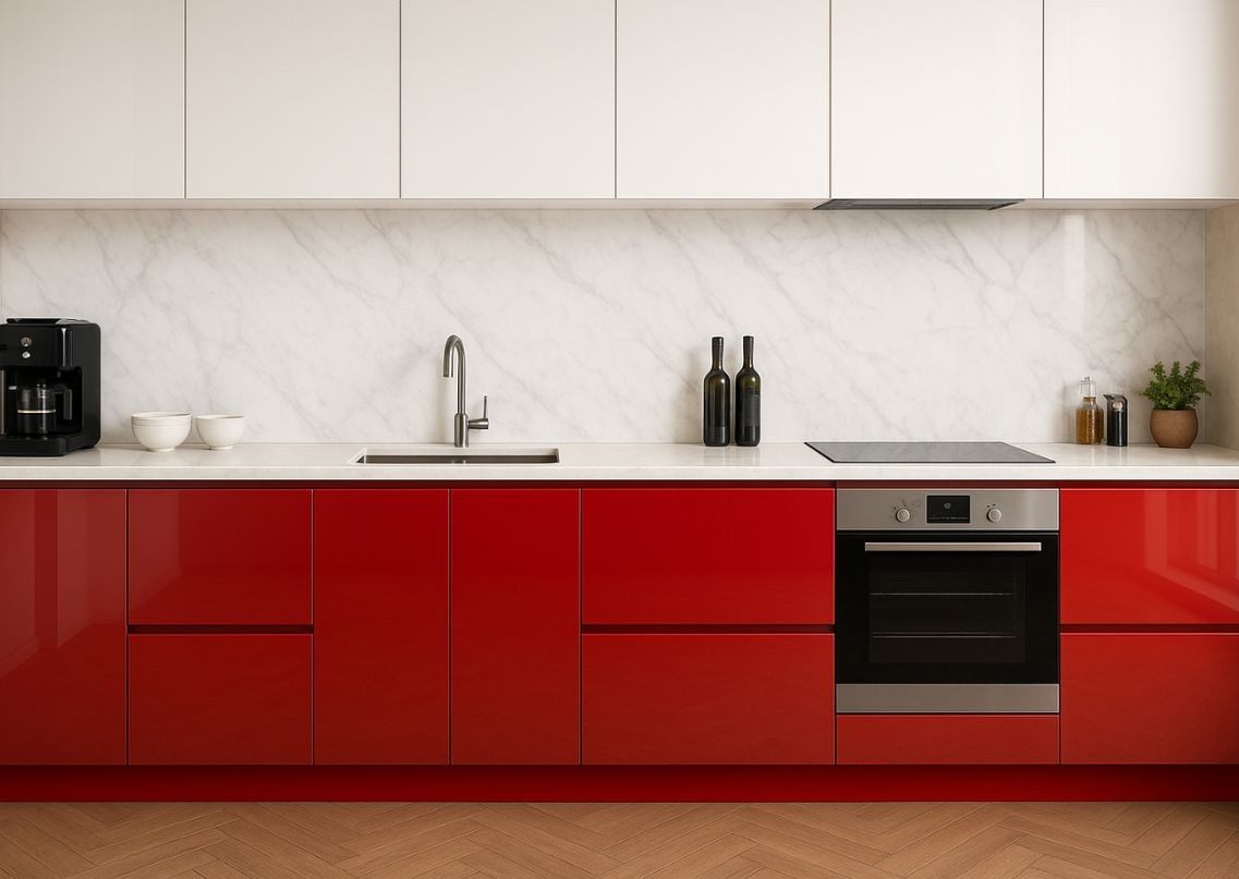 Stylish kitchen with red cabinets and marble backdrop - Beautiful Homes