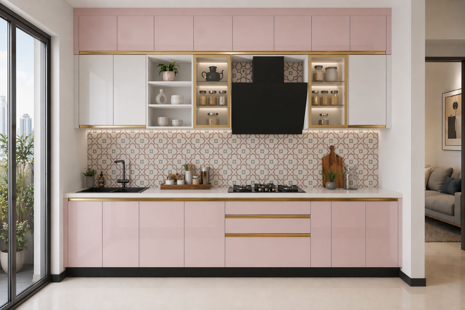 Modern kitchen with glossy pastel pink base and overhead cabinets, white storage units, and gold-trimmed glass display cabinets - Beautiful Homes