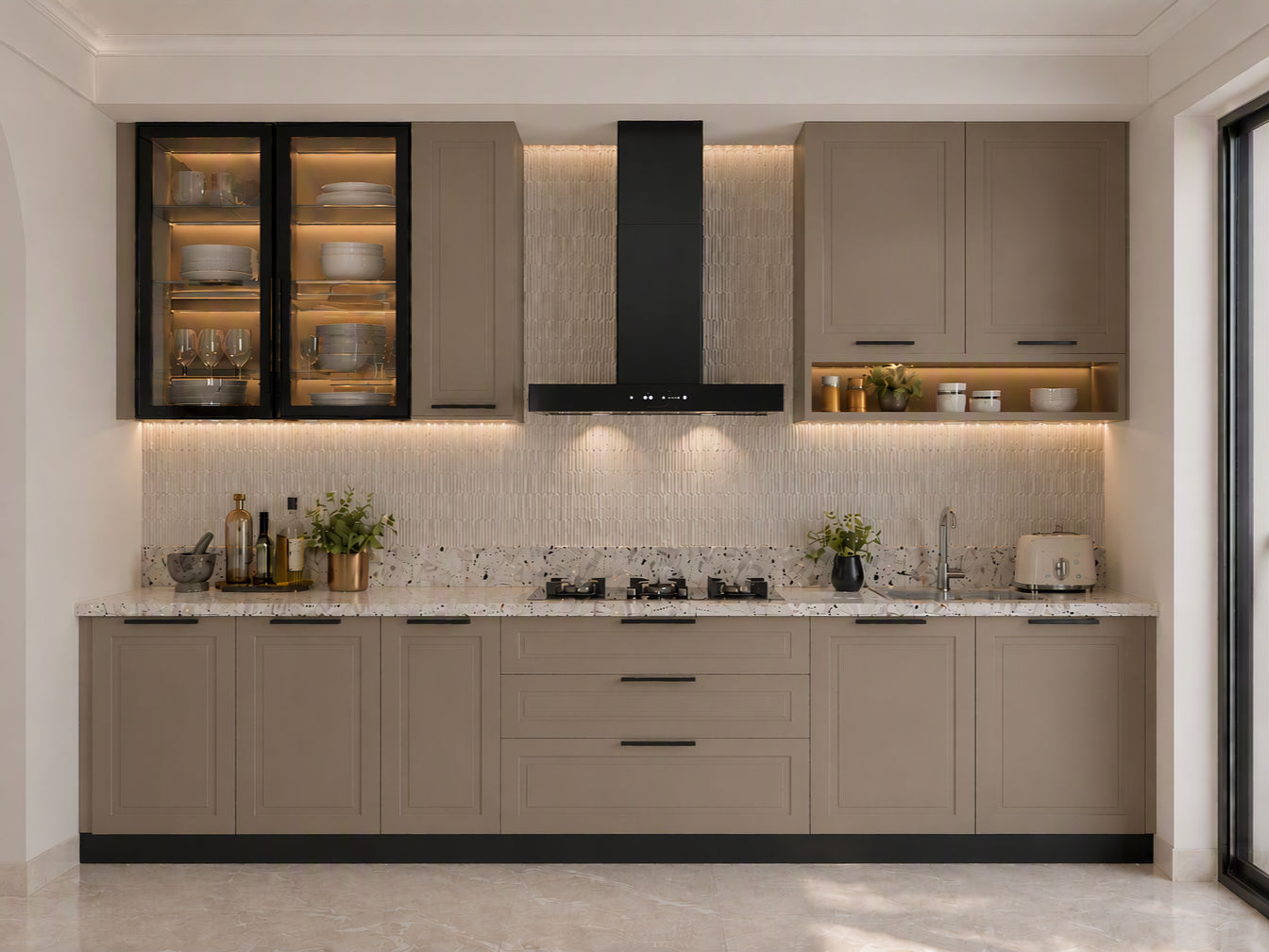 Modern kitchen with taupe shaker-style cabinets, a speckled terrazzo countertop, black range hood, glass display cabinetry, and a textured tiled backsplash - Beautiful Homes
