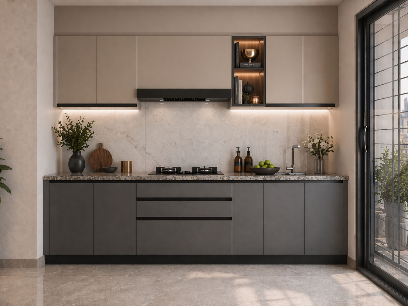 Modern kitchen with taupe upper cabinets, charcoal base units, a terrazzo-style stone countertop, marble-look backsplash, and a lit open display niche - Beautiful Homes