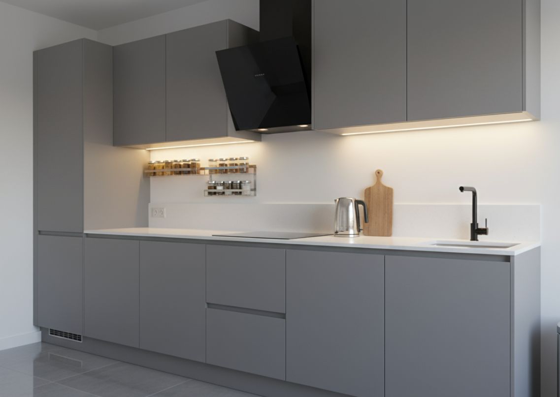 Modern kitchen with grey cabinets and white counters - Beautiful Homes