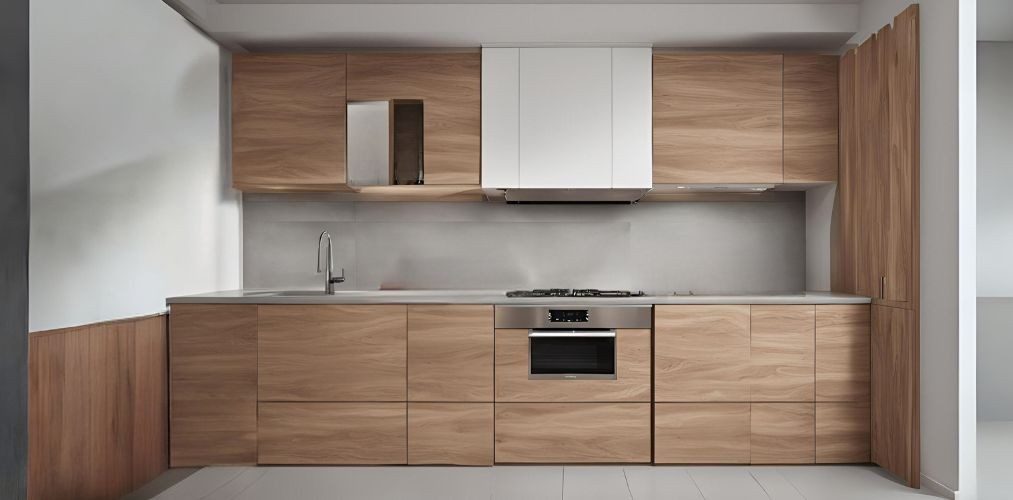 Straight wooden kitchen with grey backsplash - Beautiful Homes