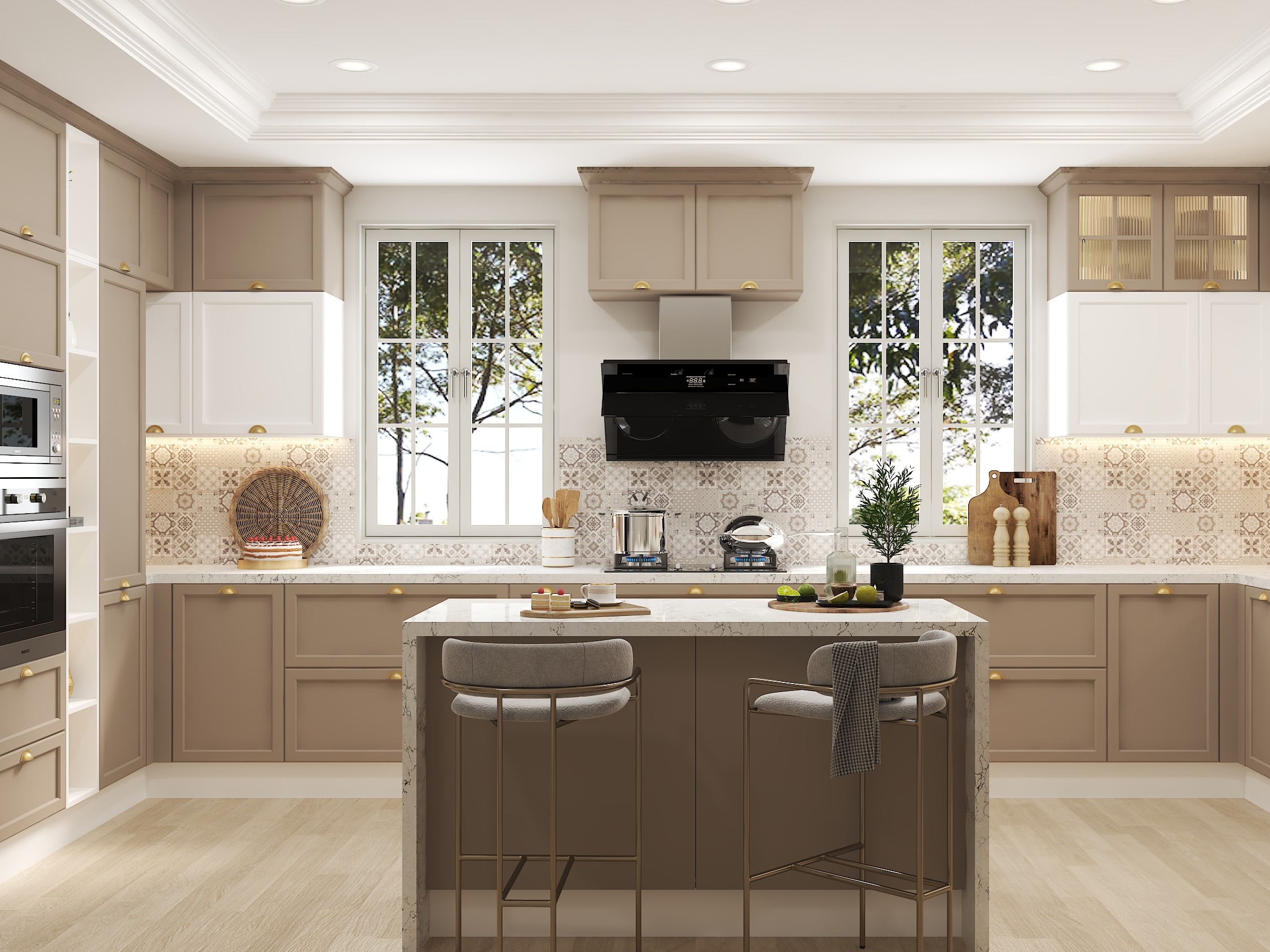 Elegant kitchen with pastel cabinets and marble island - Beautiful Homes