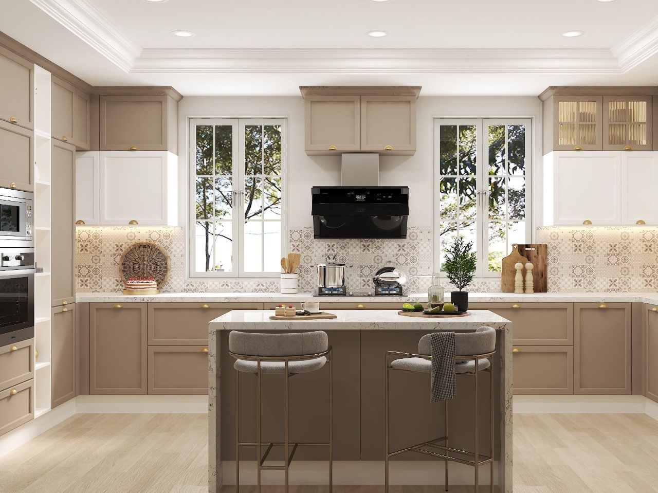 Elegant kitchen with pastel cabinets and marble island - Beautiful Homes