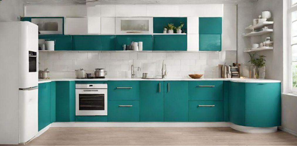 Teal and white modular straight kitchen - Beautiful Homes