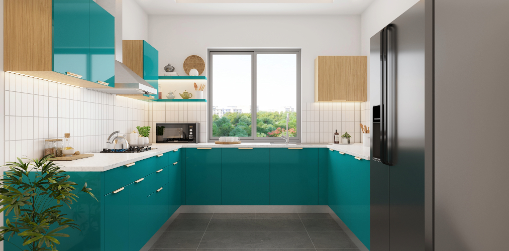 Teal blue c shaped kitchen design with white granite countertop-Beautiful Homes
