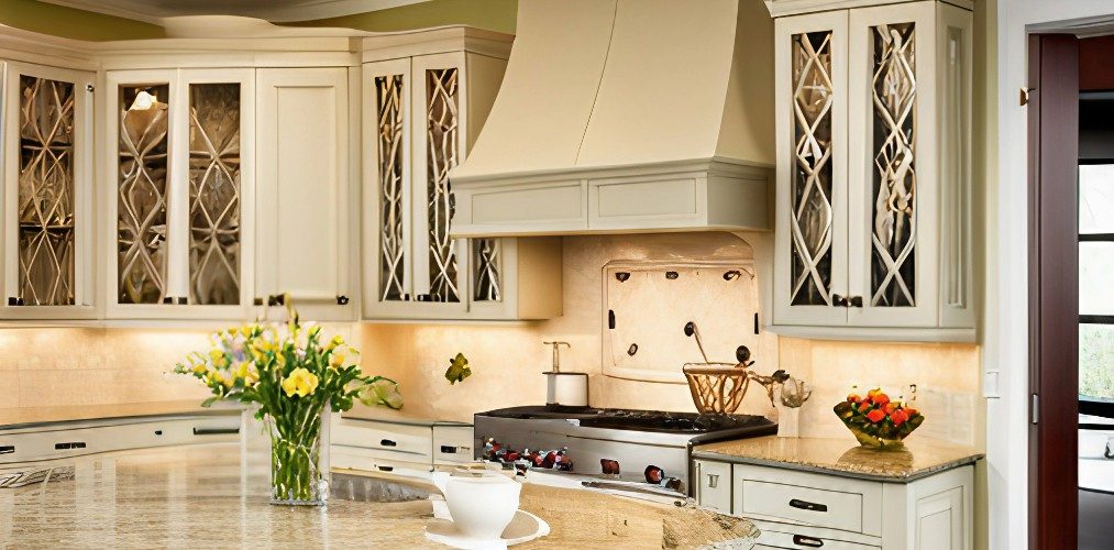 Traditional kitchen design with and glass kitchen cabinets-Beautiful Homes