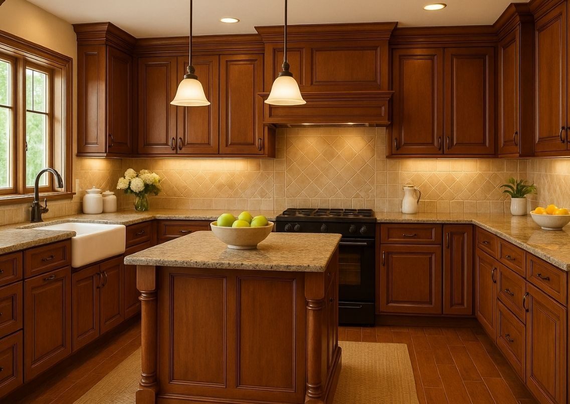 Wooden kitchen with granite counters and window - Beautiful Homes