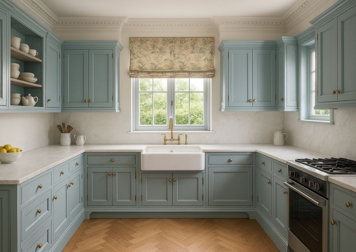Blue cabinets with farmhouse sink and wooden floor - Beautiful Homes