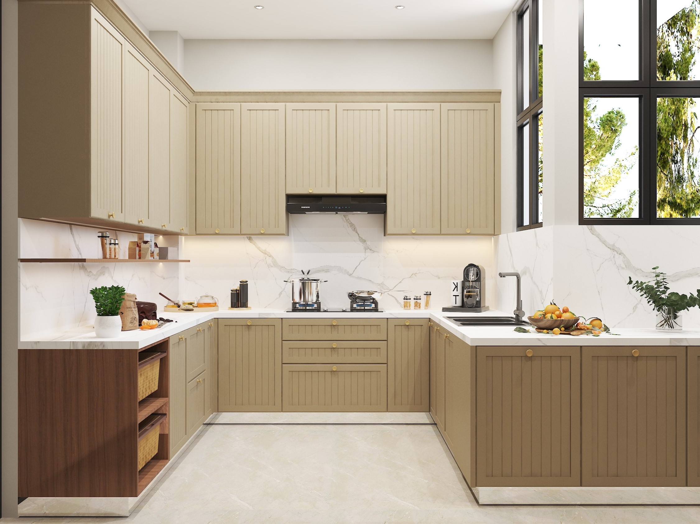 Modern beige kitchen with marble counters and shelves - Beautiful Homes