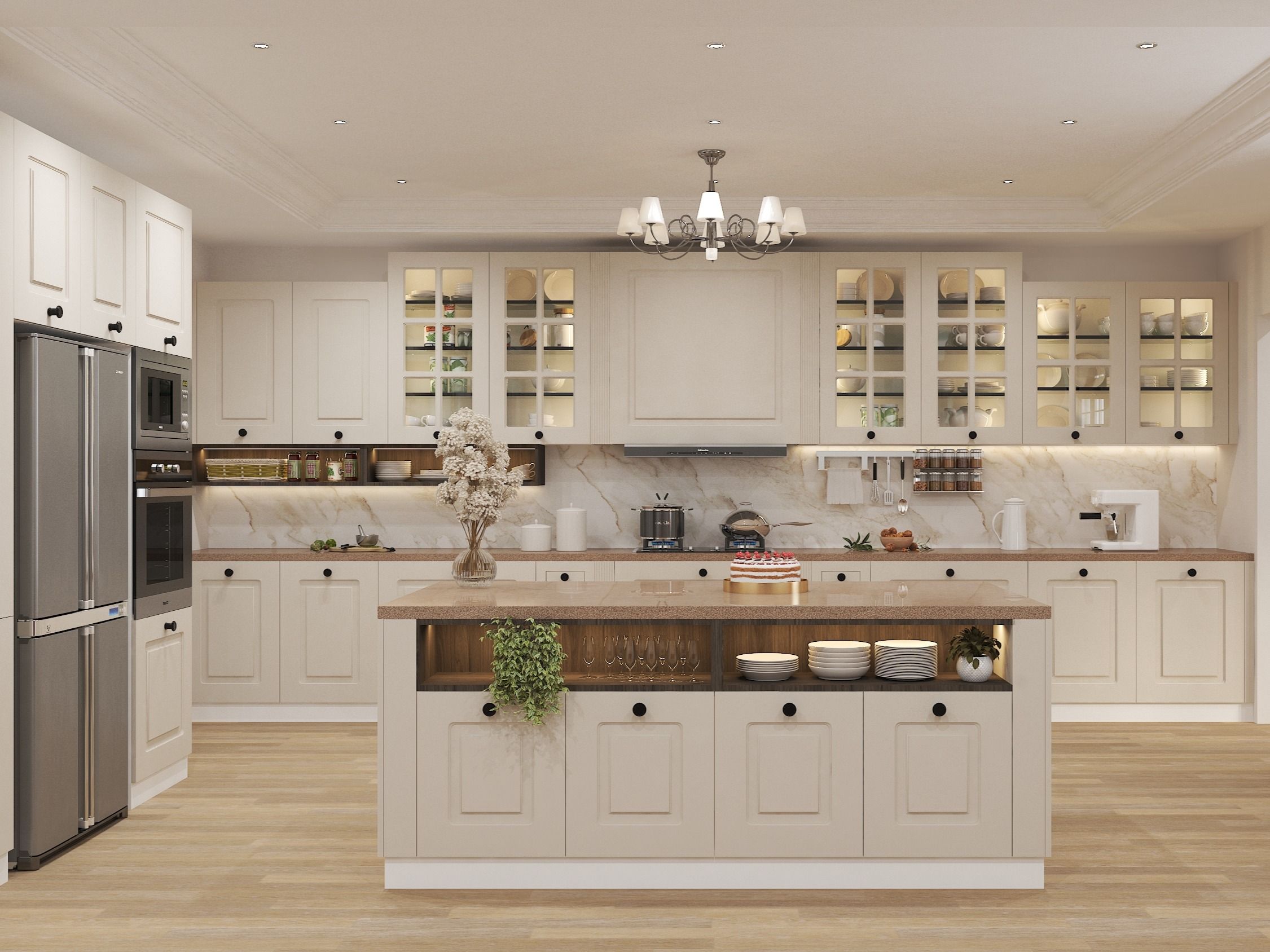 Kitchen featuring a central island, glass-front cabinets, and modern appliances - Beautiful Homes