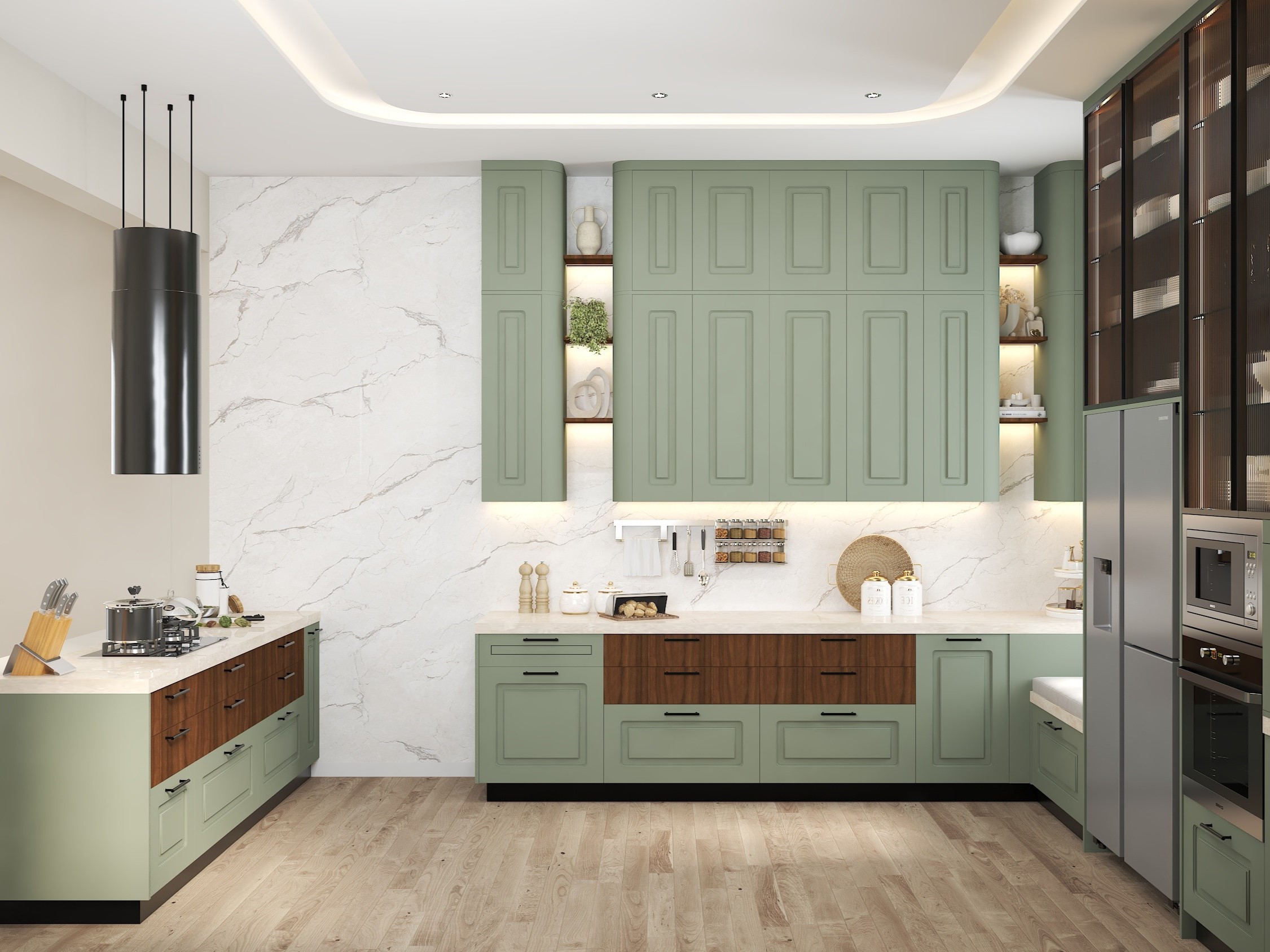 Pastel kitchen with marble backsplash and storage cabinets - Beautiful Homes