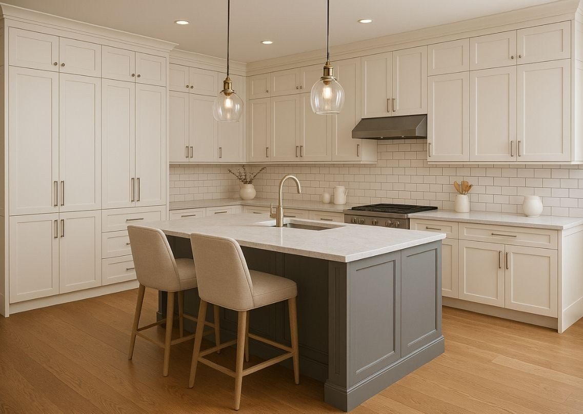 Modern kitchen with white cabinets and island - Beautiful Homes