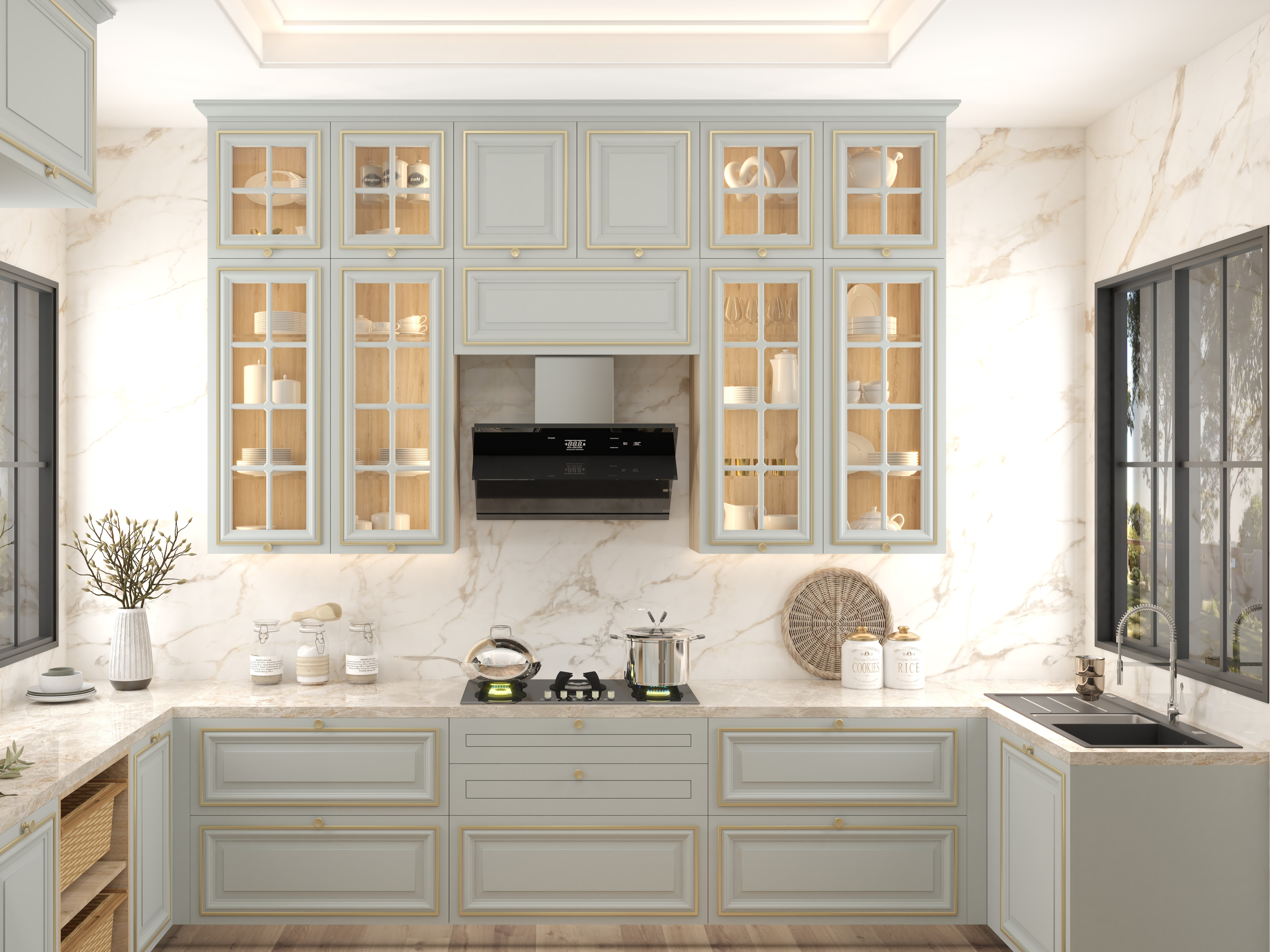 Contemporary kitchen with pastel cabinets and marble counters - Beautiful Homes