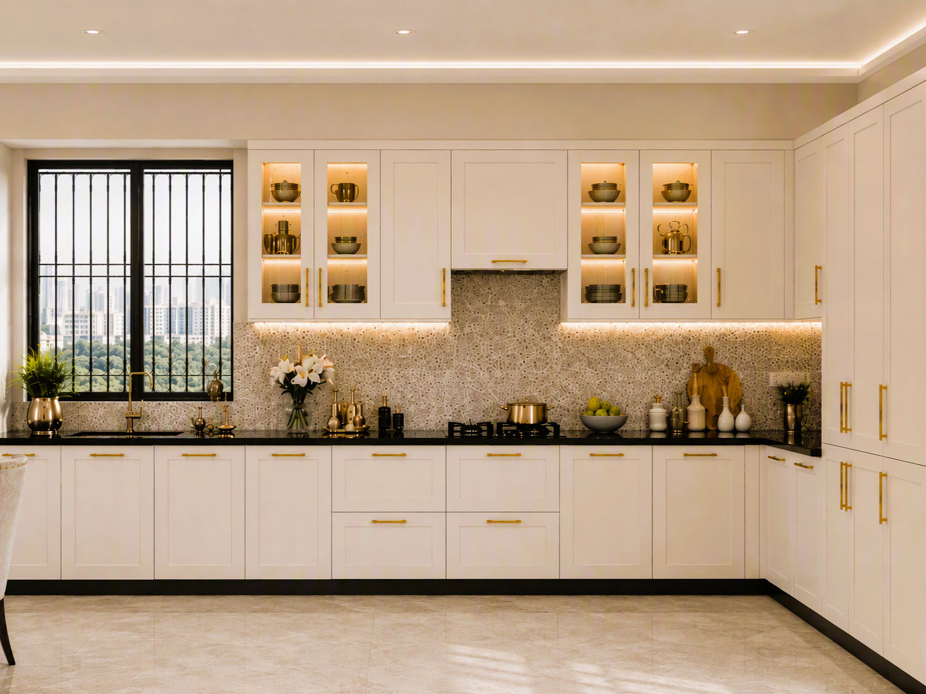 Bright L-shaped white shaker modular kitchen featuring brass handles, illuminated glass upper cabinets, and a textured backsplash - Beautiful Homes
