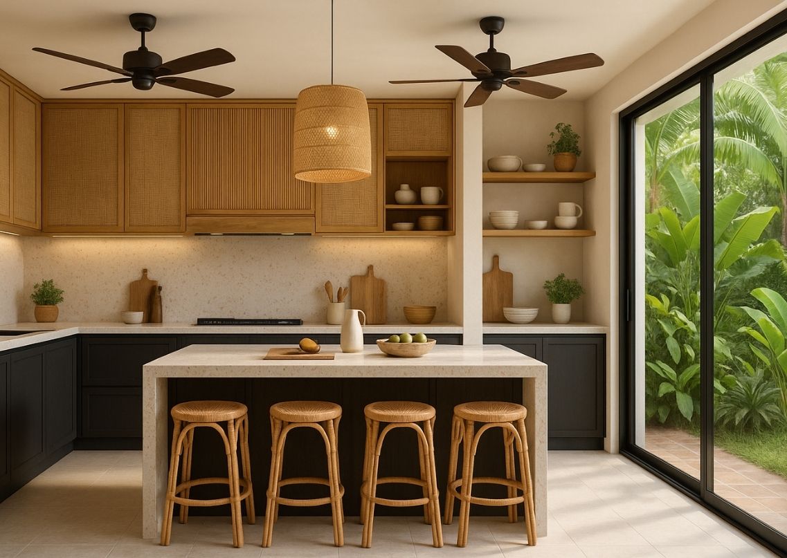 Modern kitchen with wooden cabinets and rattan stools - Beautiful Homes