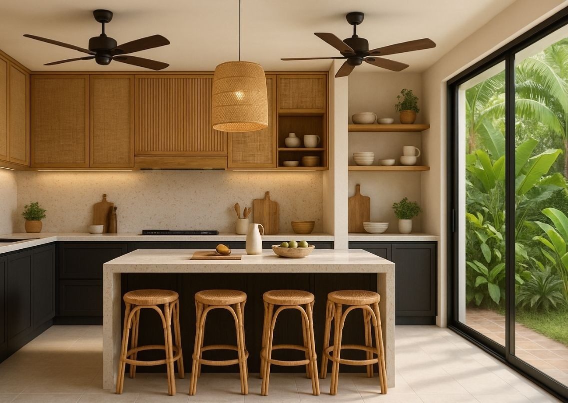 Modern kitchen with wooden cabinets and rattan stools - Beautiful Homes