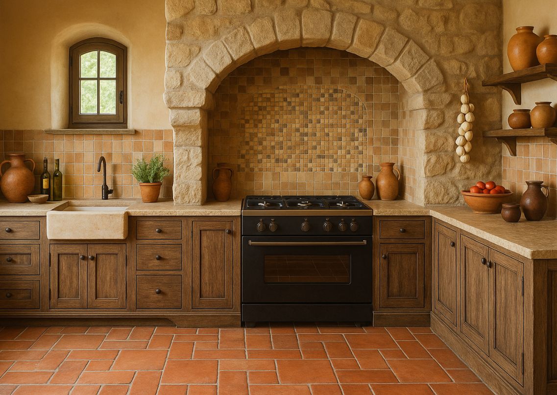 Rustic kitchen with stone wall and terracotta tiles - Beautiful Homes