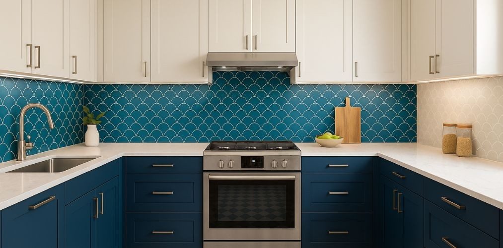 Blue and white kitchen with fish scale backsplash - Beautiful Homes