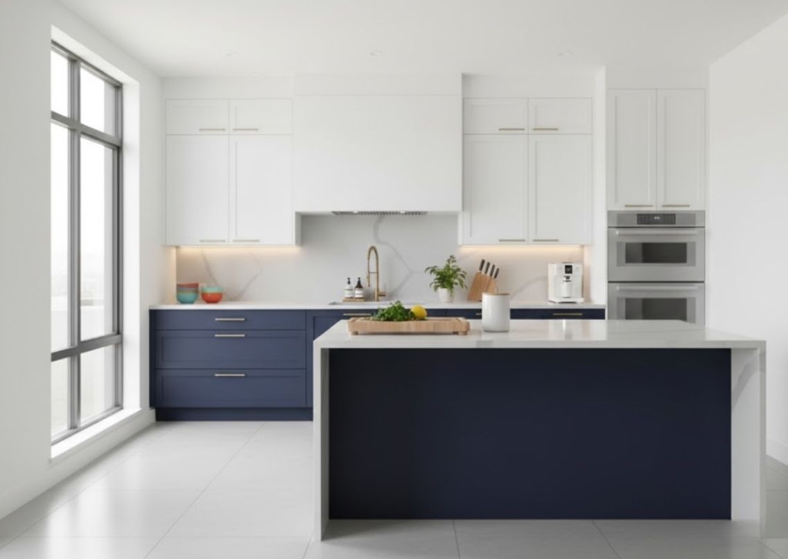 Modern kitchen with navy cabinets and marble tops - Beautiful Homes