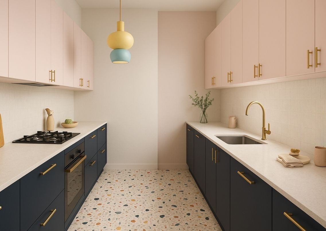 Modern kitchen with pastel cabinets and terrazzo floor - Beautiful Homes