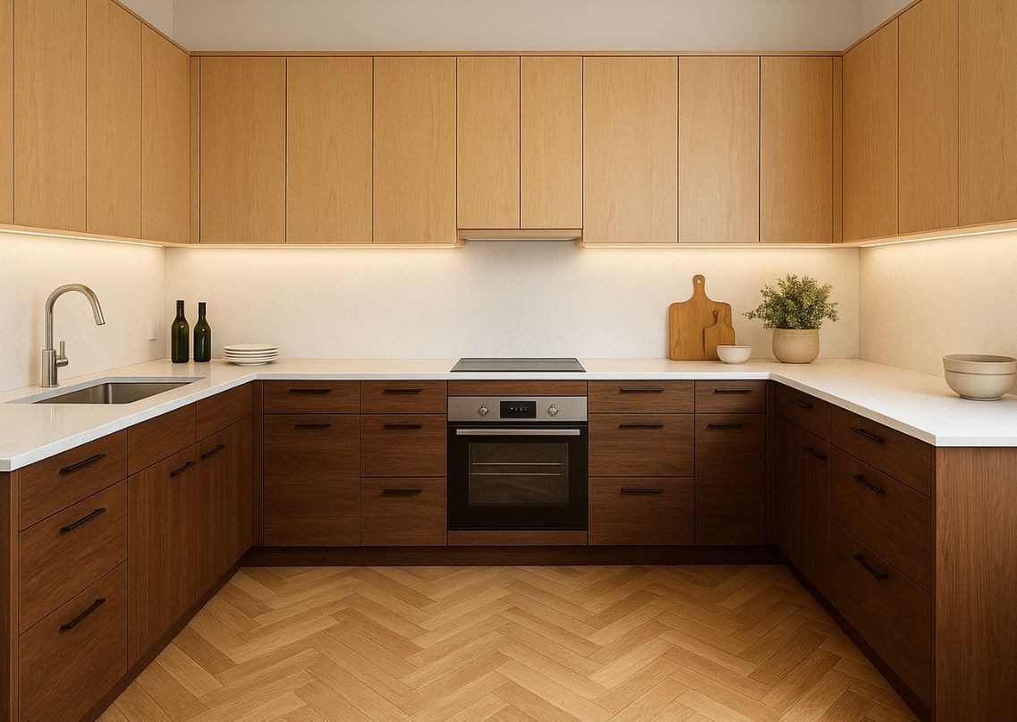 Modern l shaped kitchen with wooden cabinets - Beautiful Homes