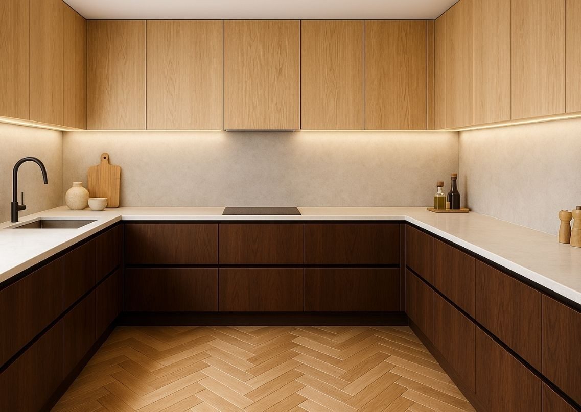 Warm wooden kitchen with marble countertops and lighting - Beautiful Homes